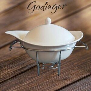 Godinger natura serving bowl/warmer with metal rack